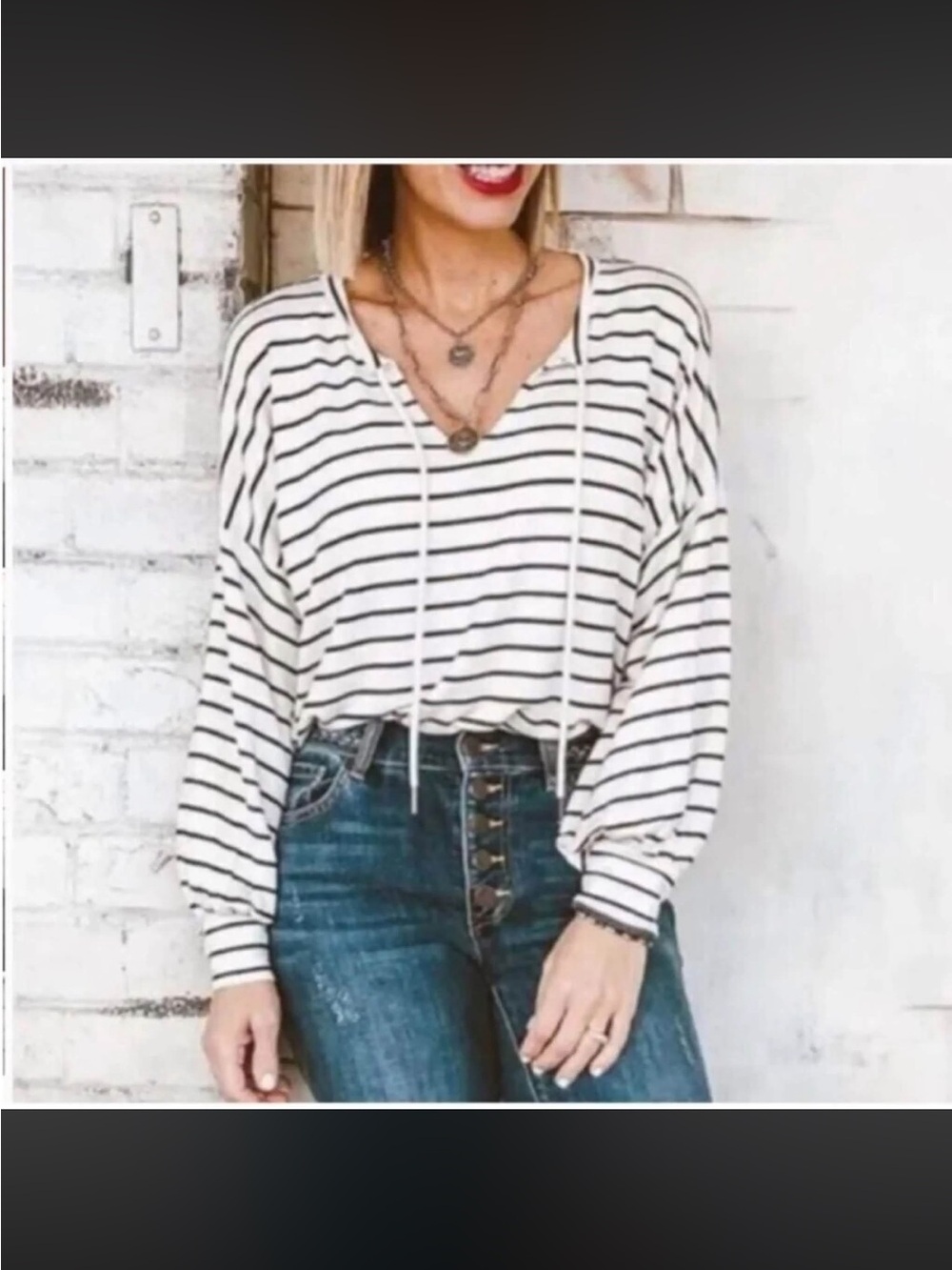 CAbi Gameday White and Black Striped V-Neck Drawstring Sweatshirt